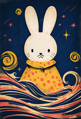 Anthropomorphic Bunny Illustration Against Navy Blue Background