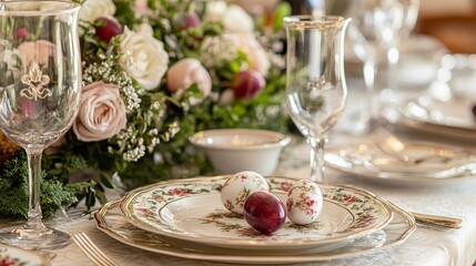Elegant Dining Table Setting with Easter Eggs and Floral Centerpiece