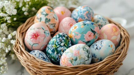 Fototapeta premium Colorful Decorative Easter Eggs in a Basket Surrounded by Flowers