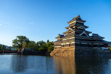 Matsumoto Castle reflecting in the water at sunset, Japan