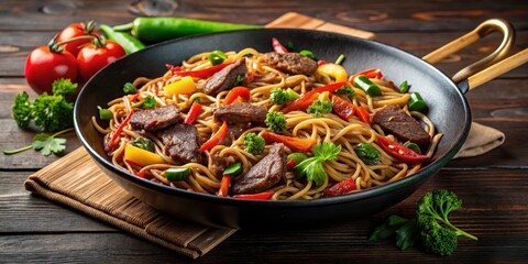 Sizzling noodles with beef and vegetables in a hot pan