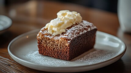 Moist Chocolate Cake Slice with Butter Cream Topping on Plate