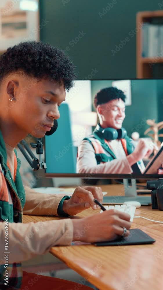 Poster Computer, creative and man with pen display, video editing and content creation with graphic tablet. Media production, influencer and person with tech for process, screen and color grading of vlog