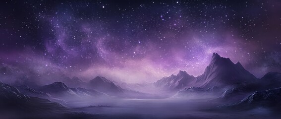 Fototapeta premium Vibrant cosmic landscape with colorful nebula and distant mountains at twilight over a tranquil ocean