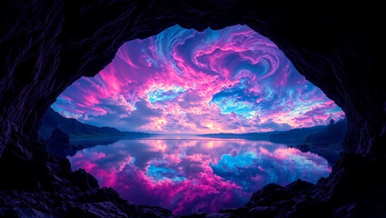 A surreal cave opening to a vast lake reflecting vibrant, colorful cosmic clouds swirling in the sky. 