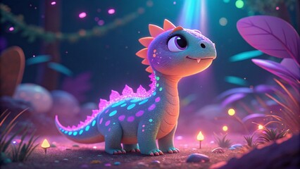 Cute green cartoon baby dragon or dinosaur in the sea