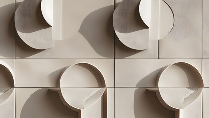 Minimalist geometric tile pattern in neutral earth tones, soft rounded shapes like circles and arcs, subtle linen texture overlay, modern ceramic feel