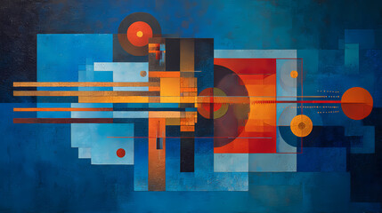 poster for abstract art exhibit | cosmic spirituality | resonant silence | deep blue and crimson | spatial pulsation | harmonic arrows | musical echo shapes | geometric layering | pre-war Europe |