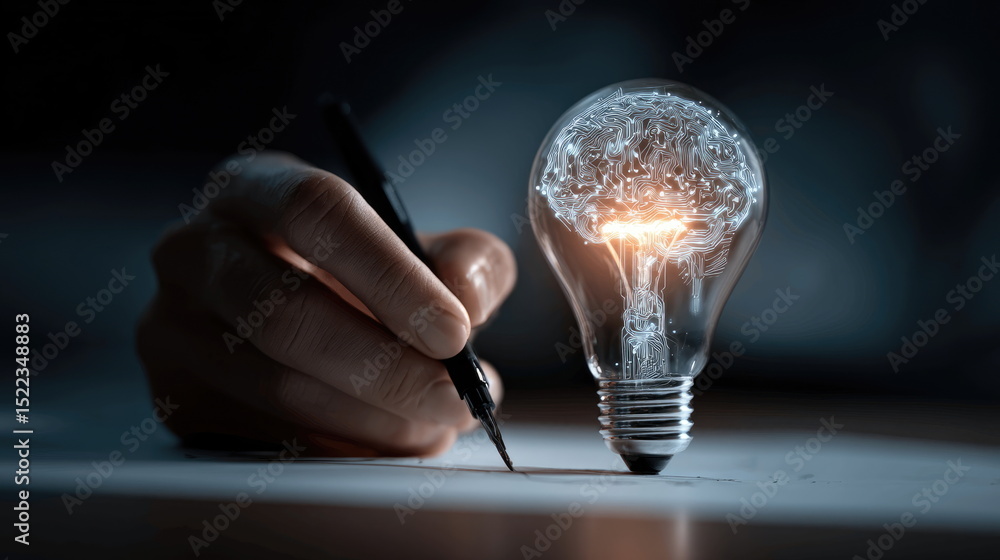 Poster creative brainstorming session with a glowing light bulb and hand sketching ideas on paper in a diml