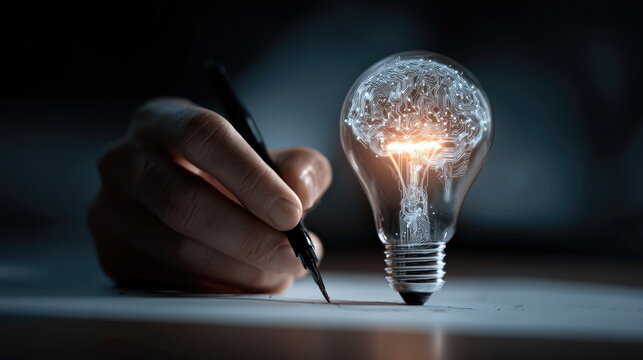 Creative brainstorming session with a glowing light bulb and hand sketching ideas on paper in a dimly lit workspace Generative AI