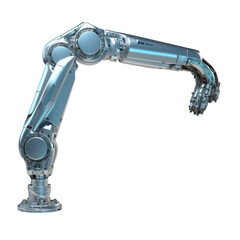 A metallic robotic arm on black background