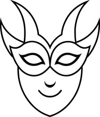 Mysterious Carnival Mask Line Art Design, Elegant Devil Horns and Smiling Face