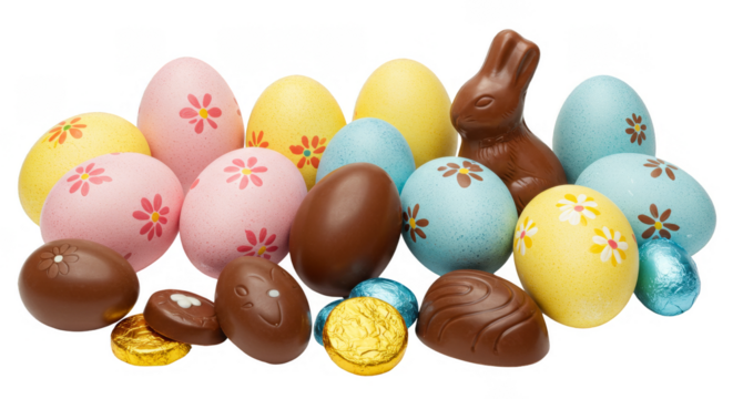 Isolated Transparent Background of Colorful Easter Chocolate Eggs and Bunny