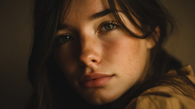 Frame an intimate portrait with soft eyes and a tender smile that convey a mix of adoration and yearning. Warm, diffused lighting against a minimalist backdrop underscores the depth of emotion