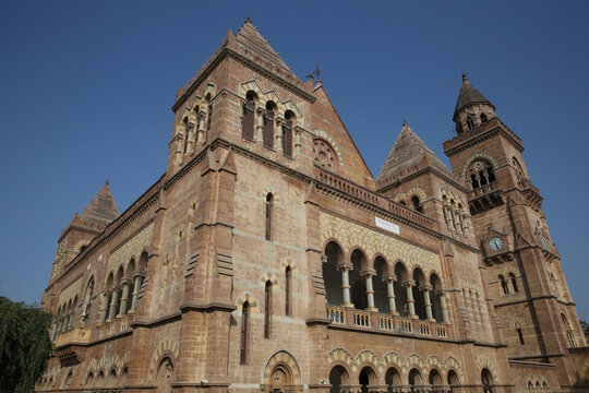 Prag Mahal Palace, historical building in Bhuj city, Gujarat, India. Beautiful architecture, landmark, monument, sight. Italian Gothic style. Facade of Prag Mahal