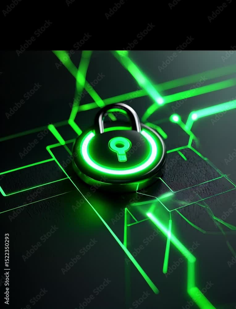 Poster a secure padlock with neon light on a dark background represents data protection.