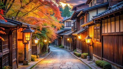 Obraz premium A serene autumn scene of a Kyoto street lined with wooden houses and vibrant fall foliage