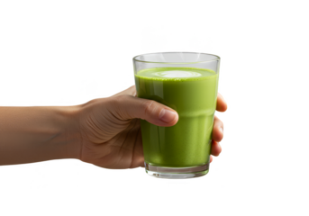 Isolated Transparent Background of Green Smoothie in Glass Hold in Hand