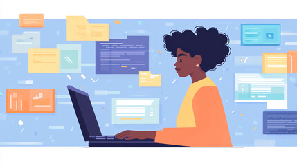 Illustration of woman working on laptop computer for online business and digital marketing project