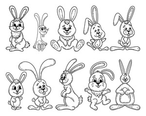 Cartoon bunnies set. Hand drawn doodle vector. Cute animals hares. Easter symbol. Fluffy eared rabbit. Farm fauna. Friendly character. Illustration line art group of elements.