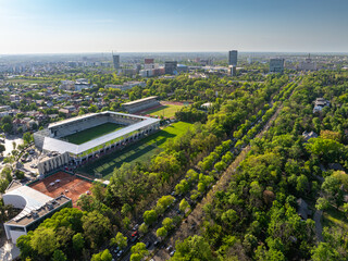 King Michael I Park (former Herastrau Park) in Bucharest. Aerial photo with the biggest park in Bucharest. Green forest lake landscape in Bucharest, Romania, during a summer beautiful day.