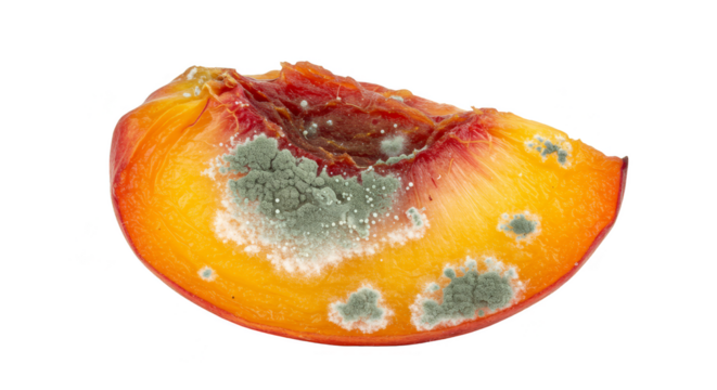 Isolated Transparent Background of Moldy Rotten Spoiled Decaying Peach Slice