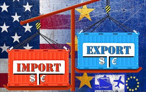 Aranceles, impuestos, tasas, banderas USA y UE de fondo e importaci&oacute;n y exportaci&oacute;n en balanza comercial con contenedores de barco y avi&oacute;n en d&oacute;lar y euro