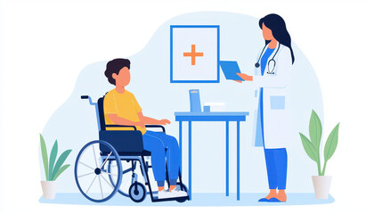 Caring female doctor interacts with patient in wheelchair, showcasing compassion and professionalism in medical setting