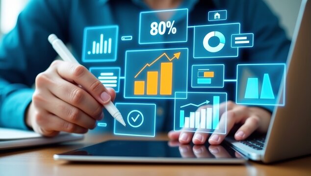 An analyst uses Data analytics automated with AI technology. Dashboard report, operations charts and KPI insights. Big Data technology, Business analysis and artificial intelligence automation.