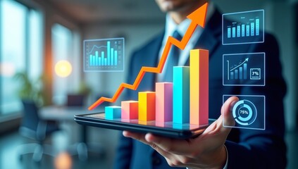 Data science and business intelligence, Business data analytics, Analyst using big data dashboard for performance evaluation, KPI metrics, Strategic decision making with AI and technology.