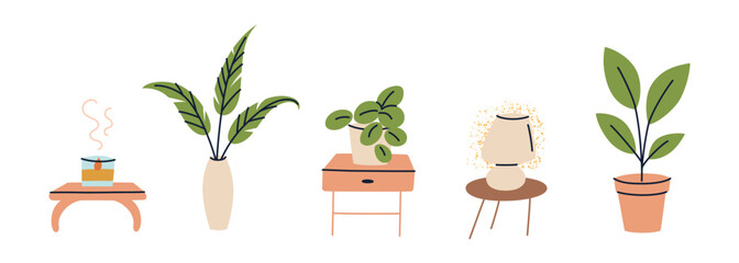Flat cartoon set of cozy home interior elements with side tables, flowers, candles, plants, and lamps. Relaxing atmosphere, room decor vector illustrations, comfort, calm domestic space icons