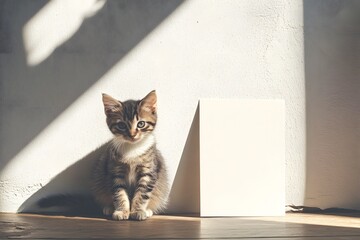 kitten sitting beside a blank square card leaning against a wall, sunlight casting shadows, lifestyle photo style
