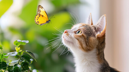 Curious calico cat gazes at vibrant butterfly, showcasing moment of wonder and connection with nature