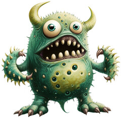 A green monster with horns and big eyes
