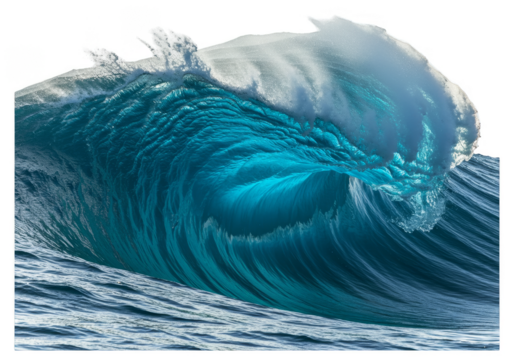 Isolated Transparent Background Wave Crashing with Blue Sea and Foam