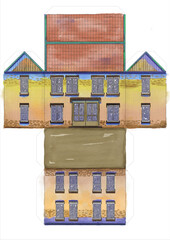 Watercolor architectural sketch of a house that can be bent into a 3D physical model