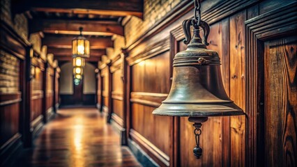 Ancient school bell hanging on a wooden wall in a dimly lit hallway