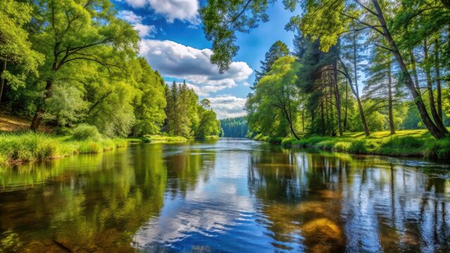 Wide-angle view of P?trusse river flowing through a serene forest landscape with tall trees and greenery