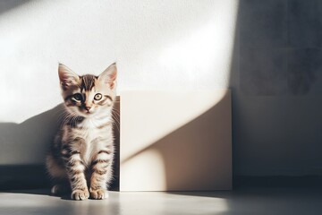 kitten sitting beside a blank square card leaning against a wall, sunlight casting shadows, lifestyle photo style
