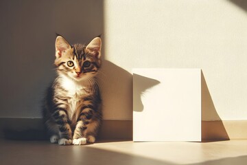 kitten sitting beside a blank square card leaning against a wall, sunlight casting shadows, lifestyle photo style
