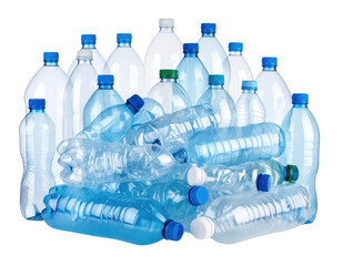 A collection of various empty plastic water bottles, some crushed and some intact, arranged together.