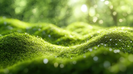 Lush green moss blankets a sunlit forest floor