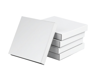 Stack of four blank square boxes with one leaning against the pile.