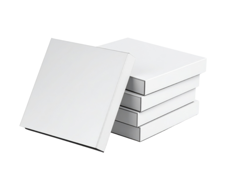 Stack of four blank square boxes with one leaning against the pile.