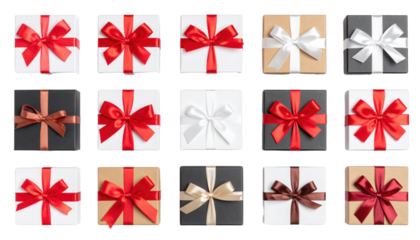 Square gift boxes with decorative bows in various colors and styles are arranged in a neat grid.