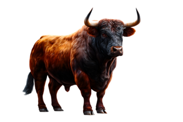 Side profile of a muscular brown bull, head to tail visible, realistic horns and hide texture, isolated on transparent background --ar 3:2 --v 7.0 --p 537mr6h --s 250