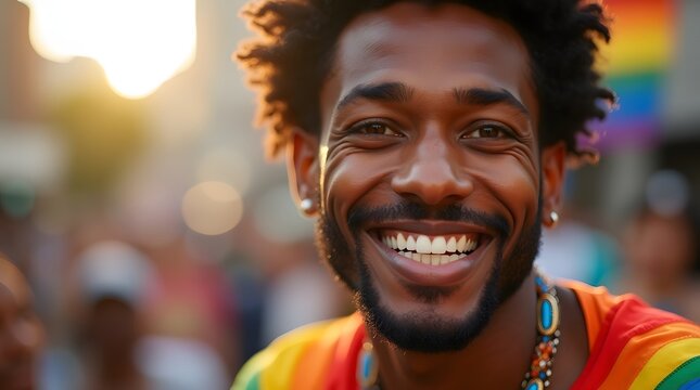 Smiling Black man in a colorful rainbow shirt, celebrating with joy at an outdoor festival.