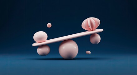 Abstract Composition Of Pink Spheres And Geometric Shapes Balanced On A Plank Against A Deep Blue Background