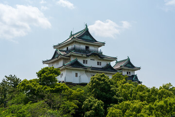 Obraz premium View of the Wakayama Castle Tenshukaku, one of Japan top 100 castles, standing against a clear blue sky on a sunny summer day.