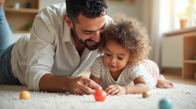 A joyful father and daughter enjoying playtime together on the floor, fostering a bond through shared laughter and exploration.
